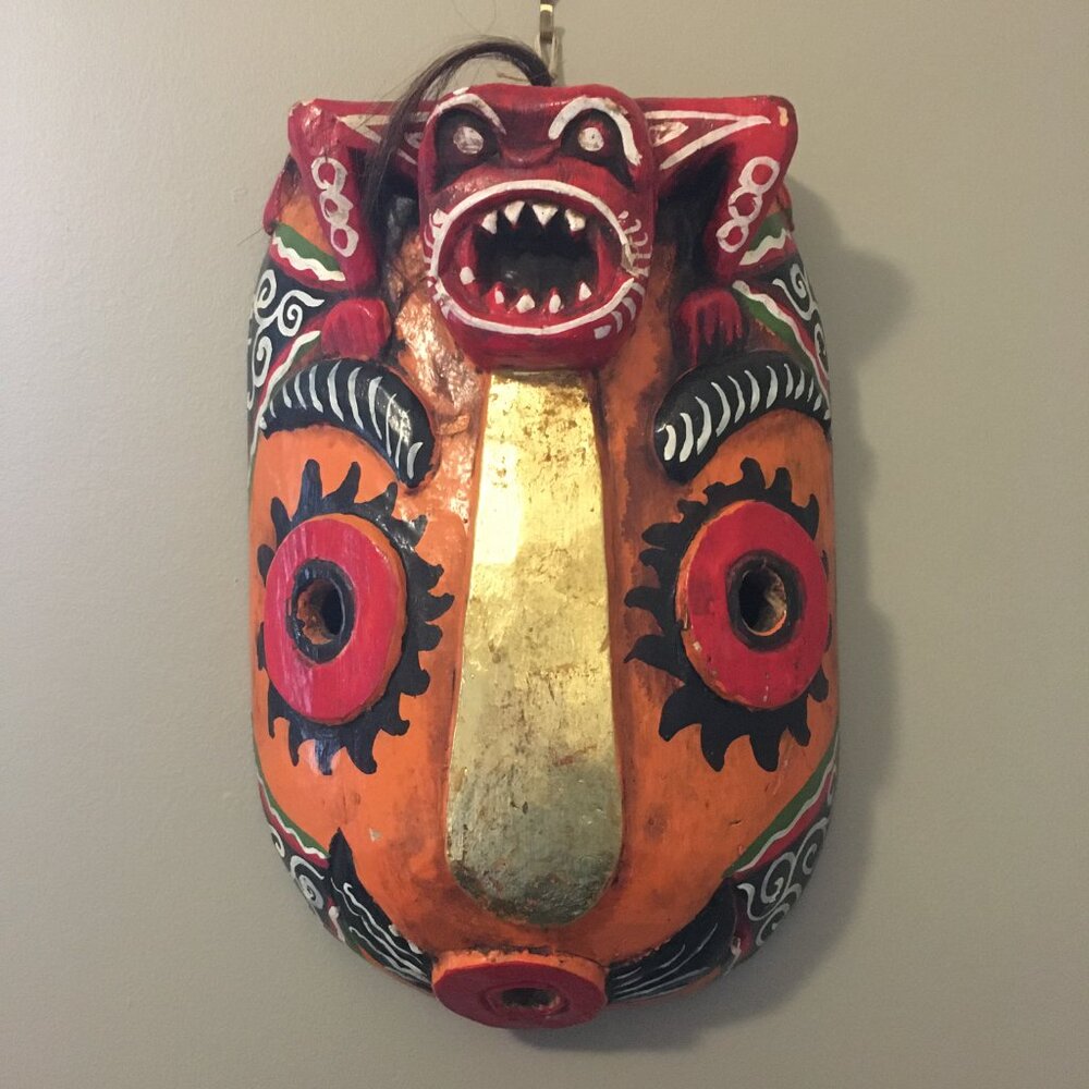 Vintage 70s Mexican Guerrero Hand-Carved Wood Mask – Red Demon Frog
